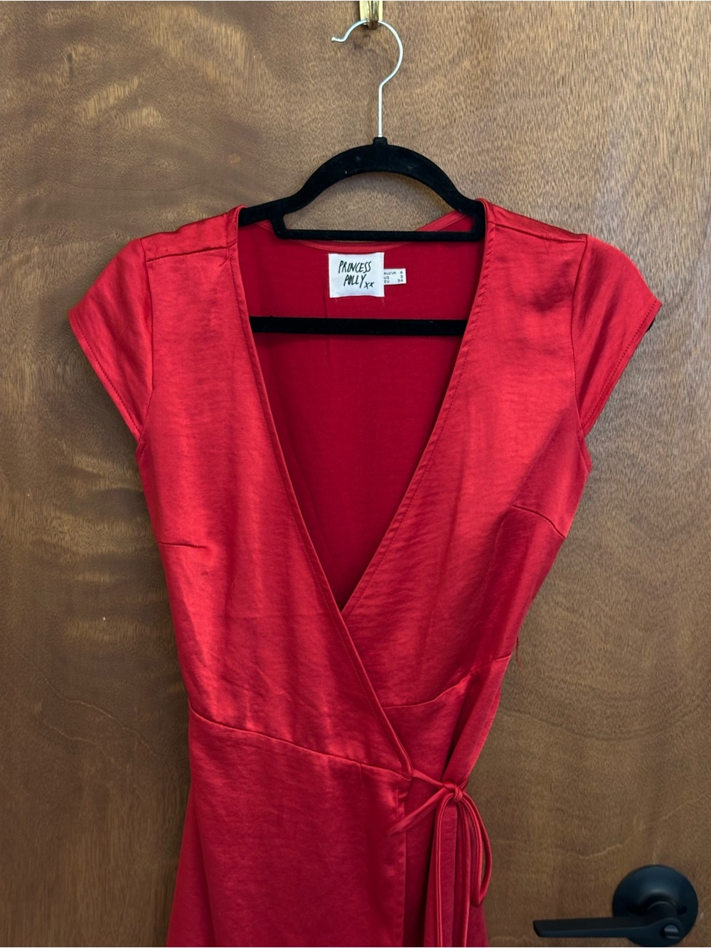 Red Satin Wrap Mini Dress - Picture 4 of 6
